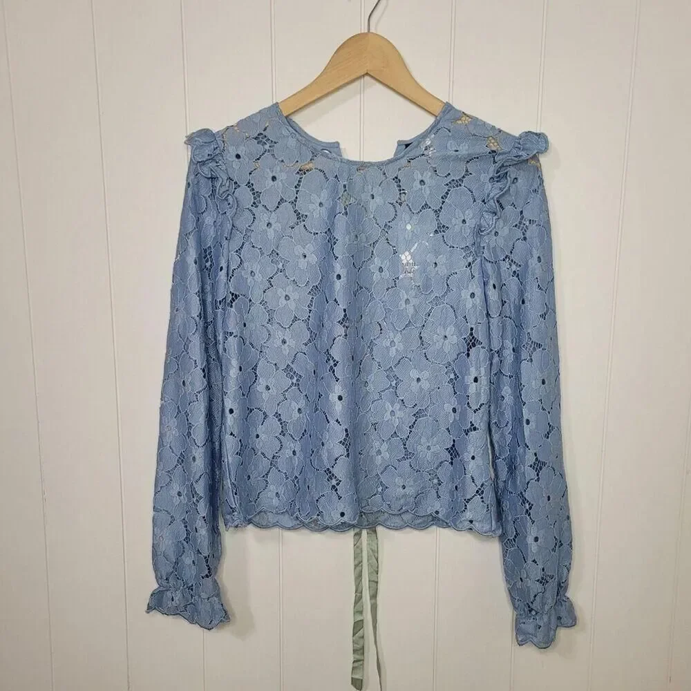 H&M Divided Top Women's 6 Blue Cropped Crochet Lace Coquette Fairy Boho New